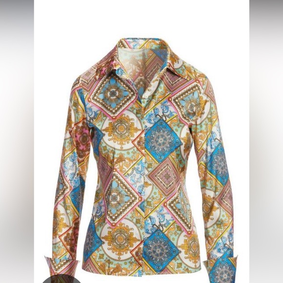 Patchwork Status Sophia Button Up Charmeuse Blouse - Picture 2 of 5